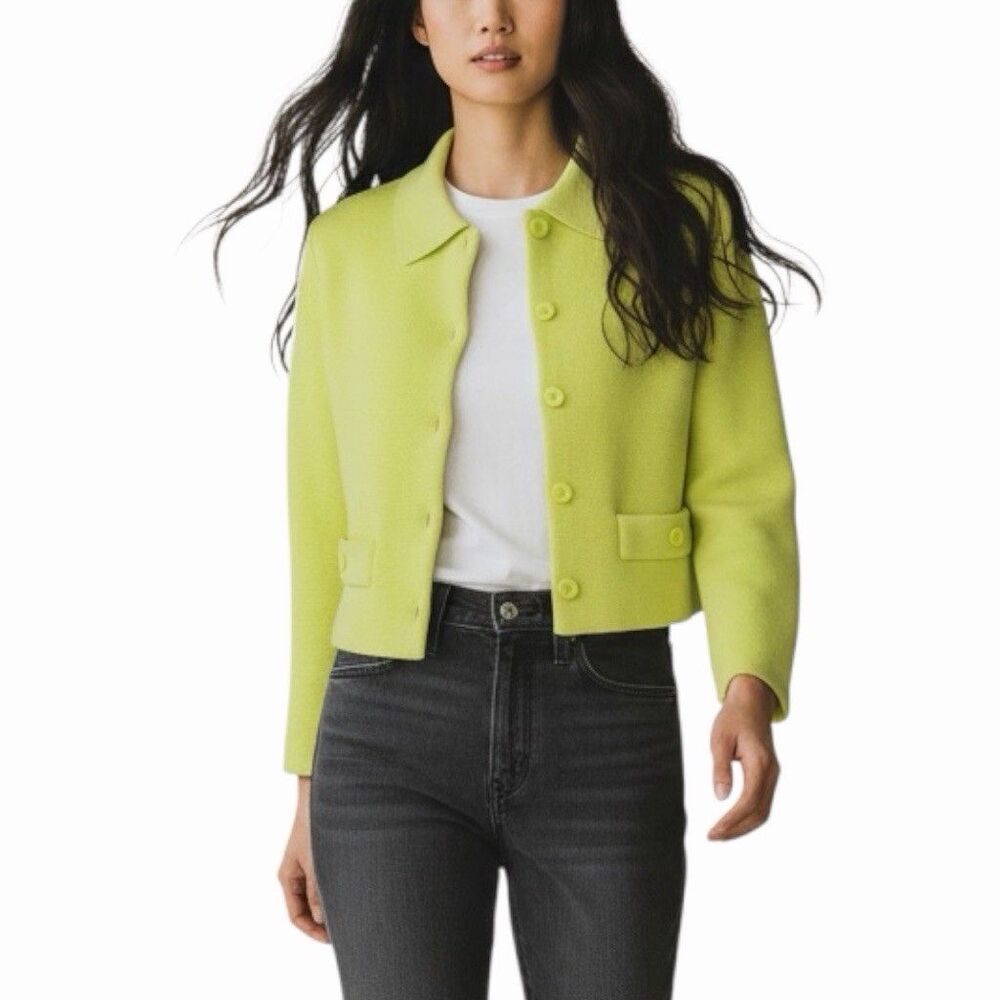 Alice + Olivia Lime Green Knit Cropped Jacket Size Medium Cardigan Button Front